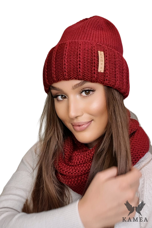 Komplet (Czapka+ Komin), Model: Komplet-Leona, Kolor: bordowy, Skład materiału: 50% Akryl; 30% Wełna; 20% Poliamid, Rozmiar: Uniwersalny (54-60) (Komplet (Czapka+ Komin), zdjęcie 2)