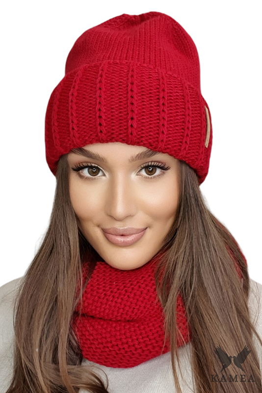 Komplet (Czapka+ Komin), Model: Komplet-Leona, Kolor: czerwony, Skład materiału: 50% Akryl; 30% Wełna; 20% Poliamid, Rozmiar: Uniwersalny (54-60)
