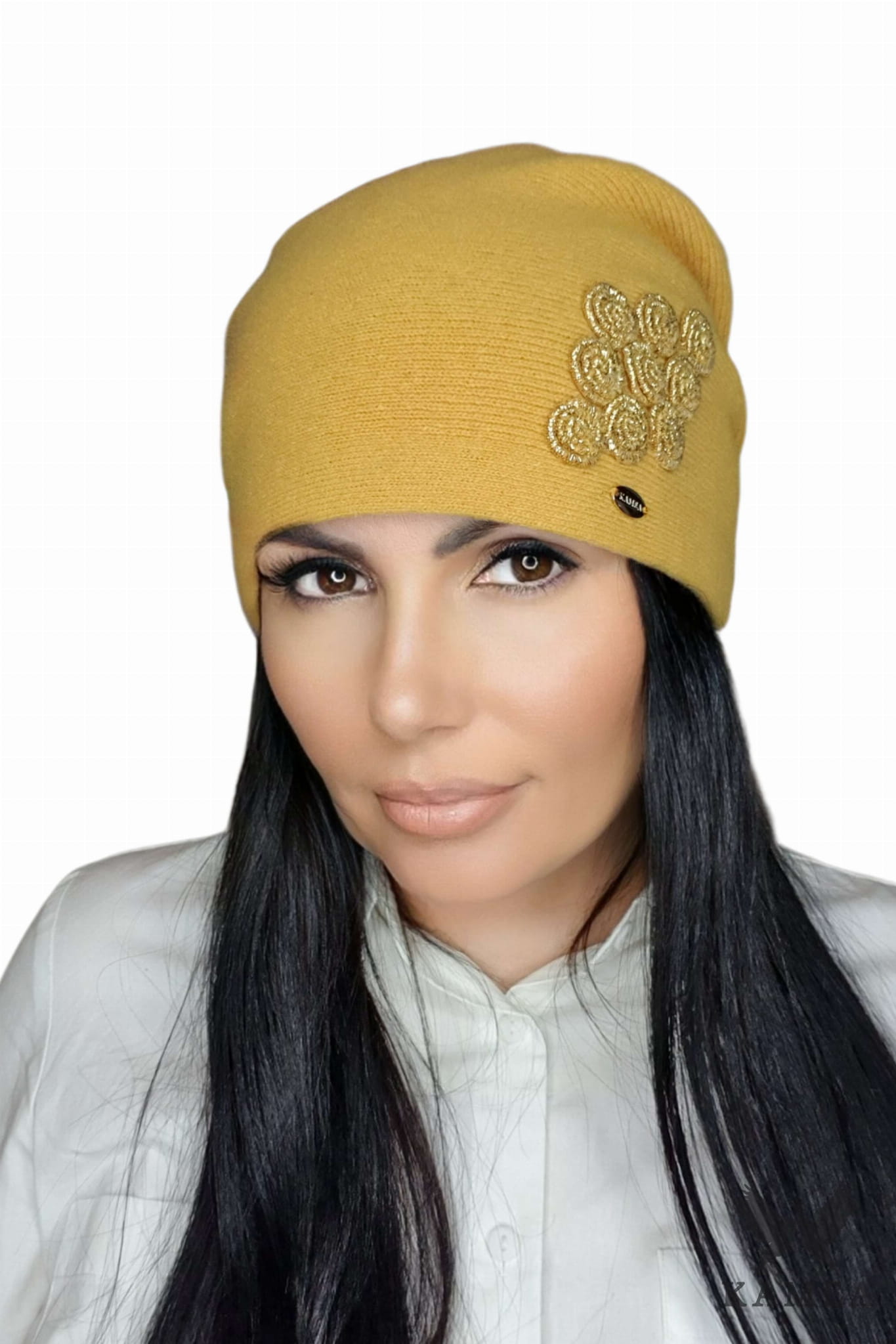 Czapka Damska, Model: Luna, Kolor: miodowy, Skład materiału: 80% Wełna; 20% Poliamid, Rozmiar: Uniwersalny (54-60)