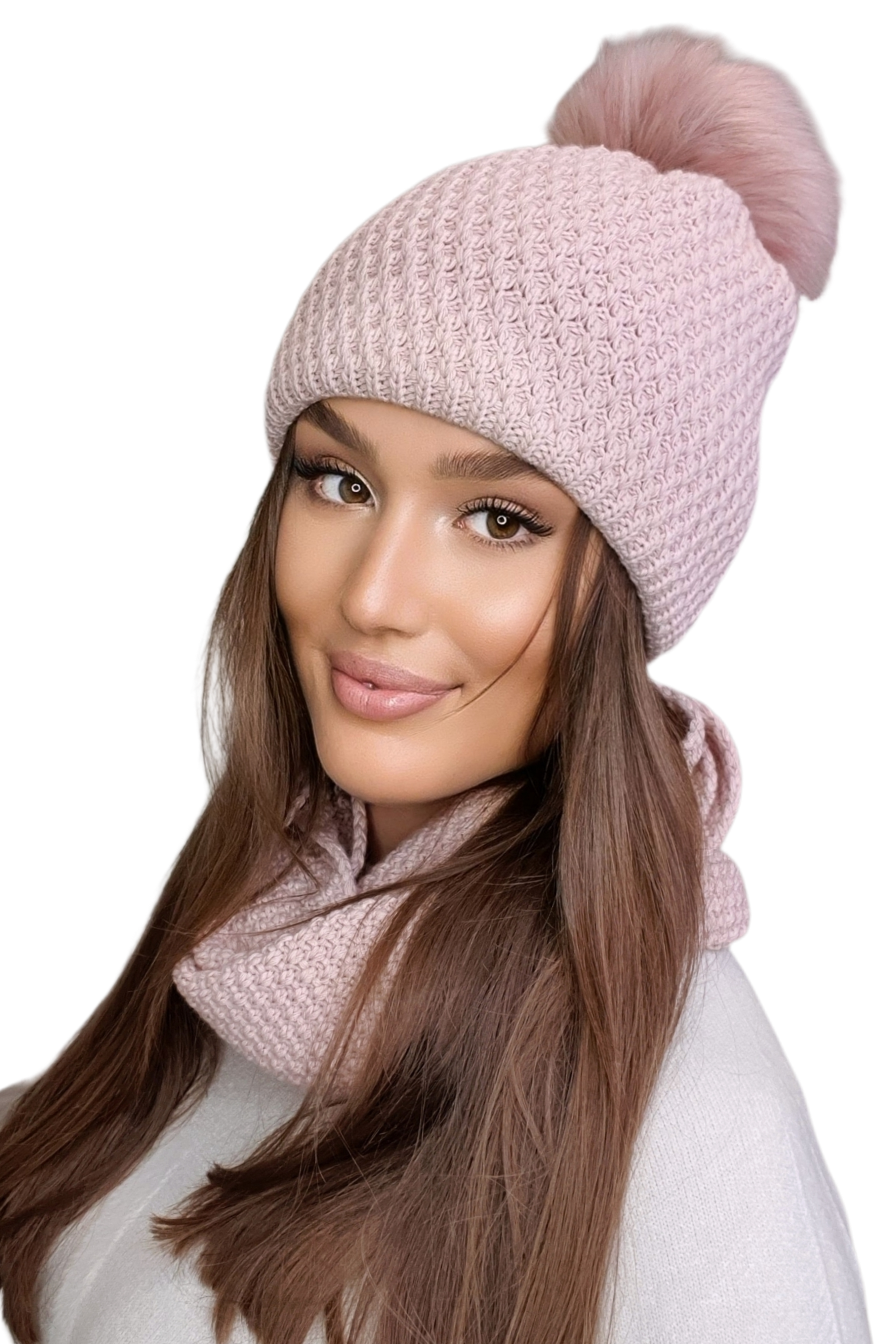 Komplet (Czapka + Komin), Model: Rubbi-Komplet, Kolor: różowy, Skład materiału: 50% Akryl; 30% Wełna; 20% Poliamid, Przeznaczenie: Jesień/Zima, Wymiary(długość/szerokość): 70cm/19cm