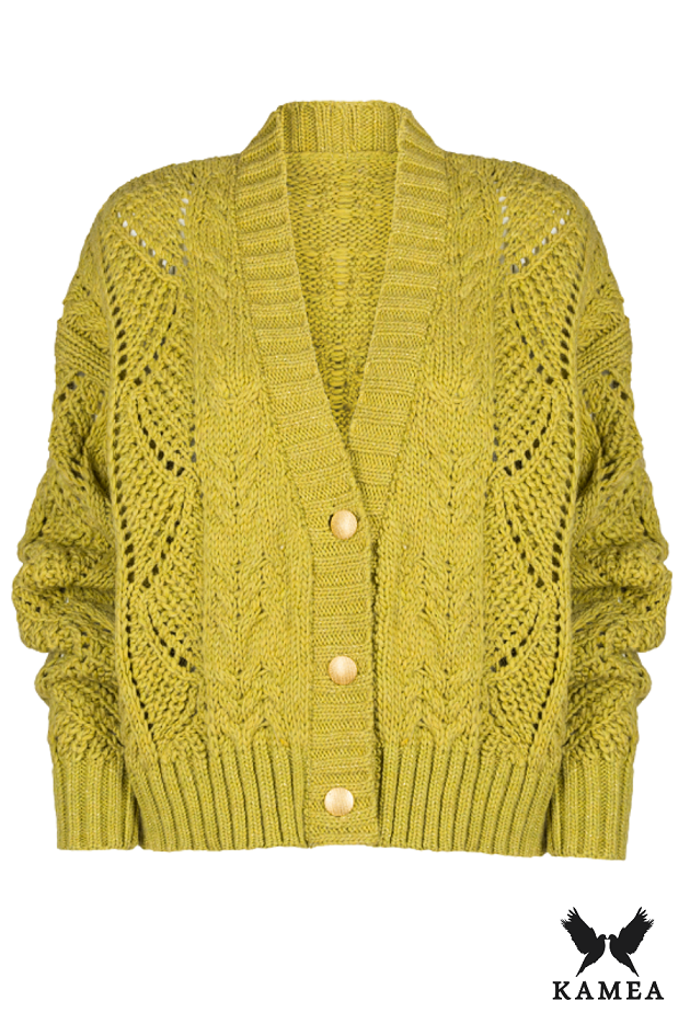 Kardigan Damski, Model: Karmen, Kolor: limonka-lux, Skład materiału: 58% Akryl; 30% Wełna; 10% Alpaka; 2% Lurex