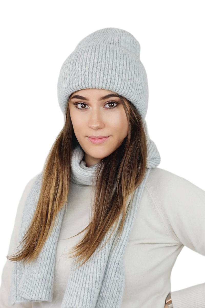 Czapki, Model: Alma-Komplet, Kolor: jasny szary, Skład materiału: 76% Akryl; 12% Nylon; 12% Elite, Rozmiar: Uniwersalny (54-60) (Czapki, zdjęcie 2)