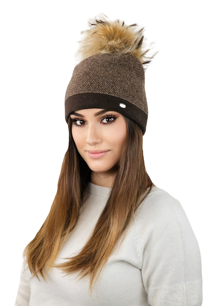 Czapka Damska, Model: Aloes Naturalny Pompon, Kolor: brązowy, Skład materiału: 80% Wełna; 20% Poliamid, Przeznaczenie: Jesień/Zima, Rozmiar: Uniwersalny (54-60) (Czapka Damska, zdjęcie 2)