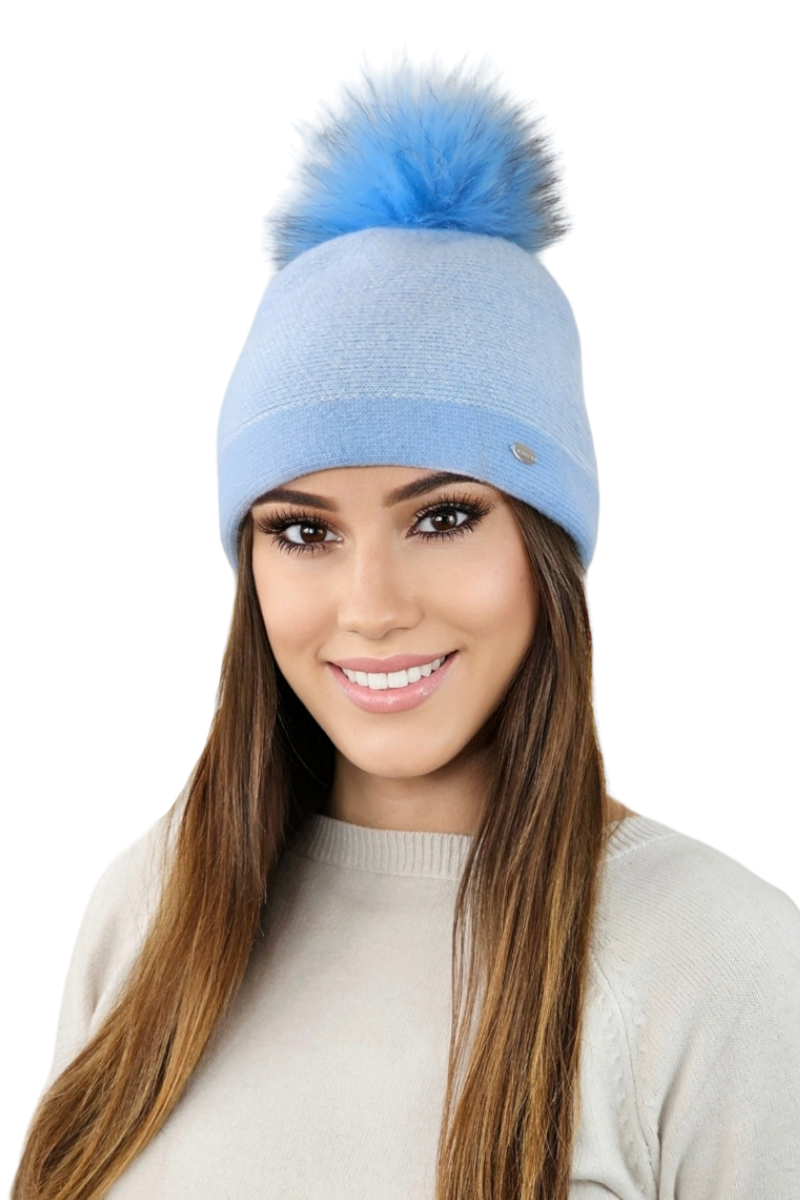 Czapka Damska, Model: Aloes Naturalny Pompon, Kolor: błękitny, Skład materiału: 80% Wełna; 20% Poliamid, Przeznaczenie: Jesień/Zima, Rozmiar: Uniwersalny (54-60) (Czapka Damska, zdjęcie 2)