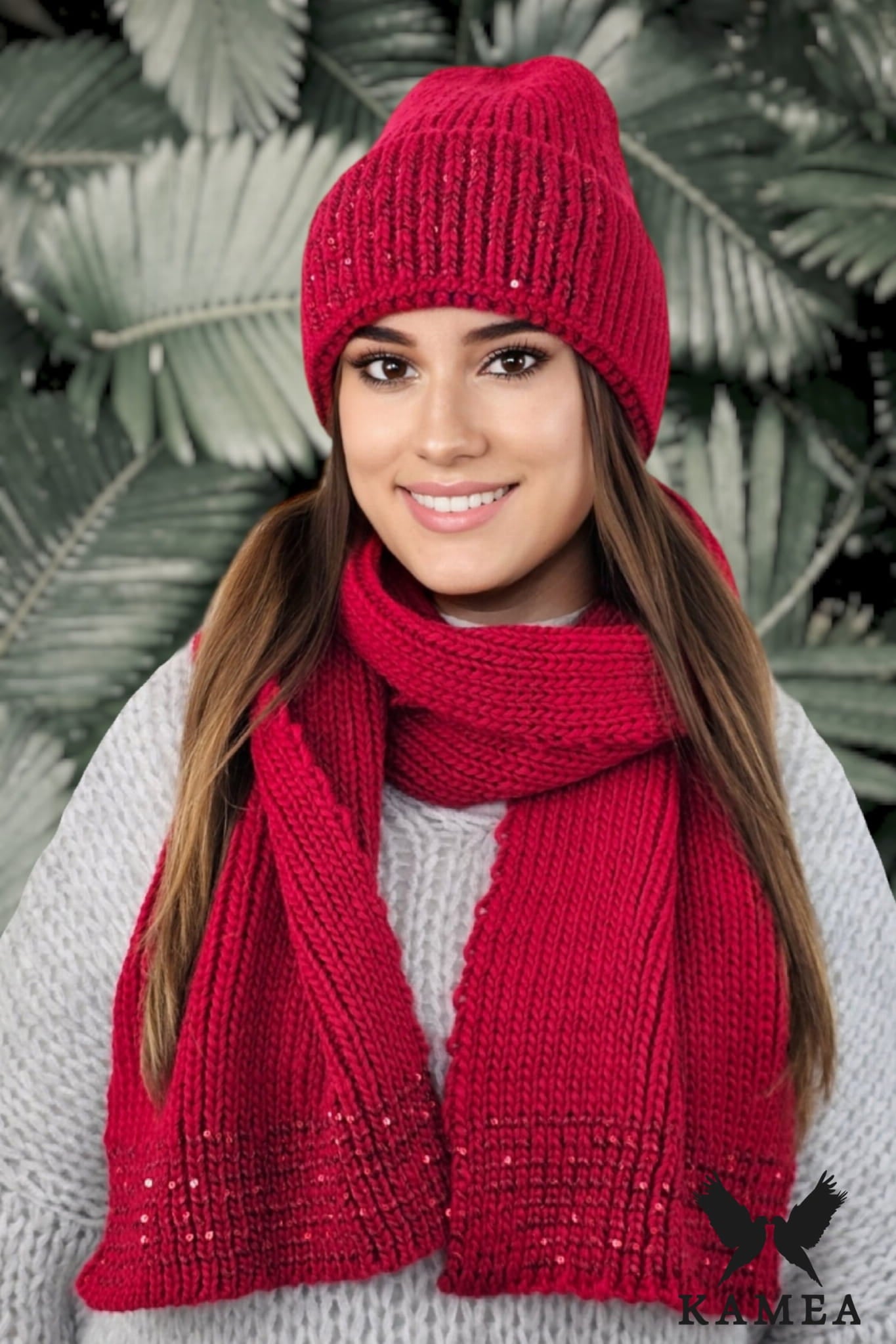 Komplet (Czapka+Szalik), Model: Ginny-Komplet, Kolor: czerwony, Skład materiału: 50% Wełna; 40% Akryl; 10% Poliester, Rozmiar: Uniwersalny (54-60)