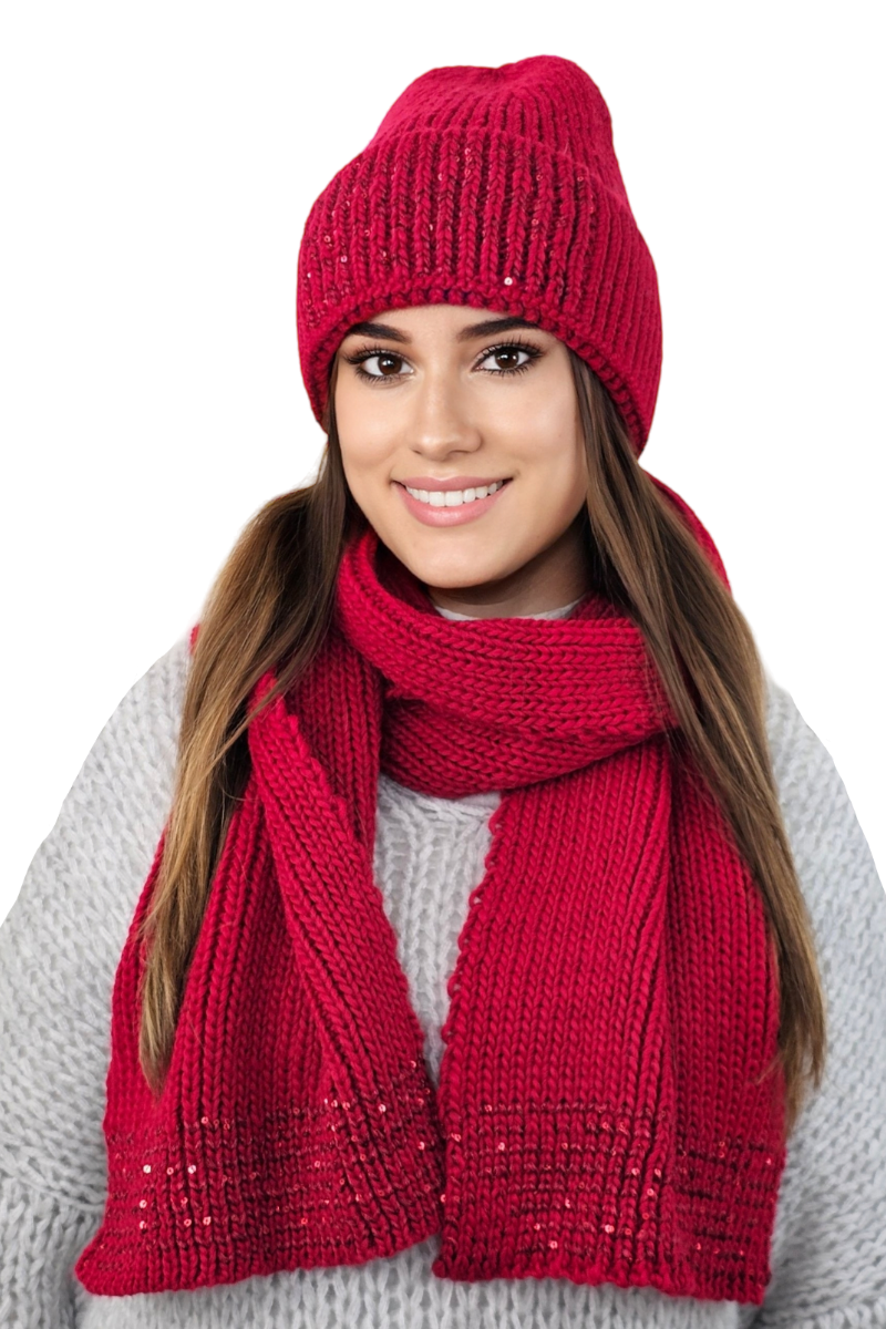 Komplet (Czapka+Szalik), Model: Ginny-Komplet, Kolor: czerwony, Skład materiału: 50% Wełna; 40% Akryl; 10% Poliester, Rozmiar: Uniwersalny (54-60) (Komplet (Czapka+Szalik), zdjęcie 2)