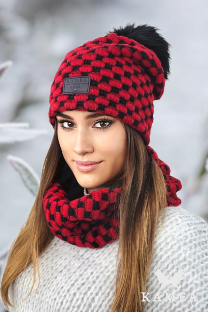 Komplet (Czapka+ Komin), Model: Imelda-Komplet, Kolor: czerwony, Skład materiału: 53% Wełna; 25% Poliester; 22% Akryl, Rozmiar: Uniwersalny (54-60)