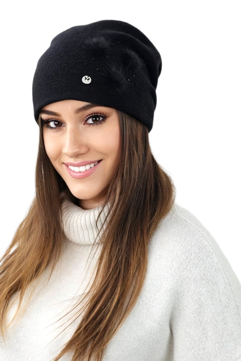 Dámská čepice, Model: Onyks, Barva: černá, Složení materiálu: 80% Vlna; 20% Polyamid, Velikost: Univerzální (54-60) (Dámská čepice, fotografie 3)