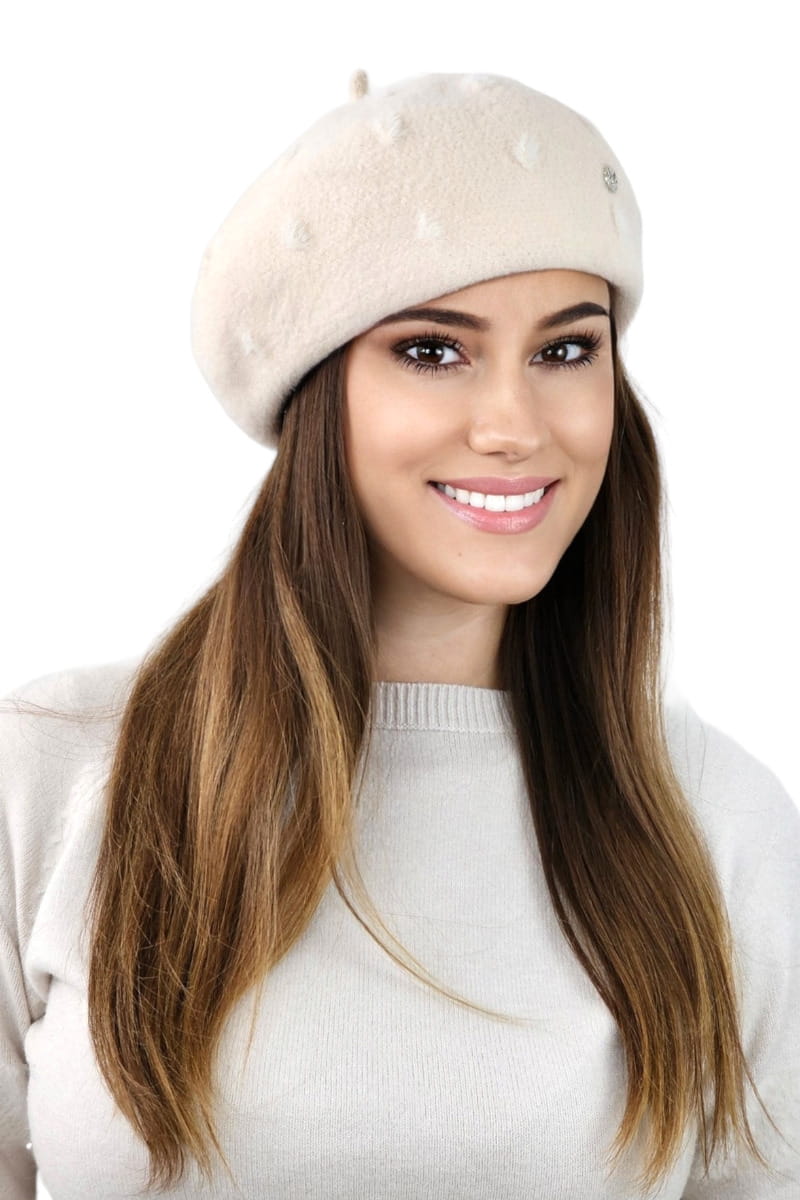 Dámský baret, Model: Linda, Barva: ekru, Složení materiálu: 100% Polyester, Určení: Podzim/Zima, Velikost: Univerzální (54-60)