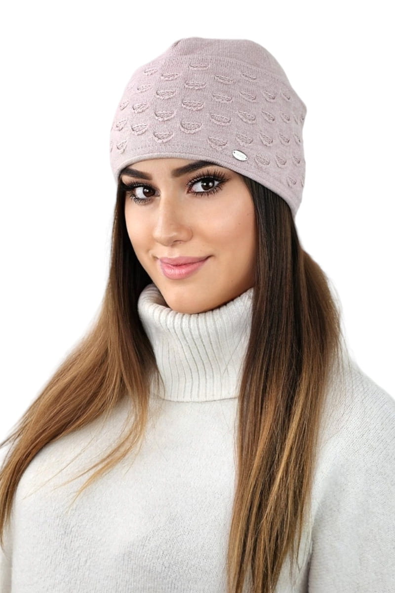 Czapka Damska, Model: Funkia, Kolor: różowy, Skład materiału: 52% Wiskoza; 26% Pbt; 22% Poliamid, Przeznaczenie: Jesień/Zima, Rozmiar: Uniwersalny (54-60) (Czapka Damska, zdjęcie 2)