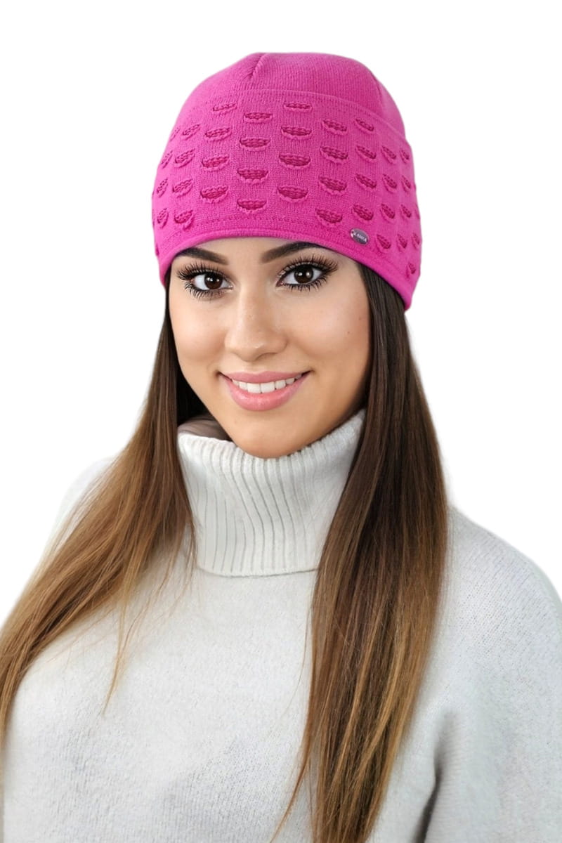 Čepice, Model: Funkia, Barva: malinová, Složení materiálu: 52% Viskóza; 26% Pbt; 22% Polyamid, Určení: Podzim/Zima, Velikost: Univerzální (54-60) (Čepice, fotografie 2)