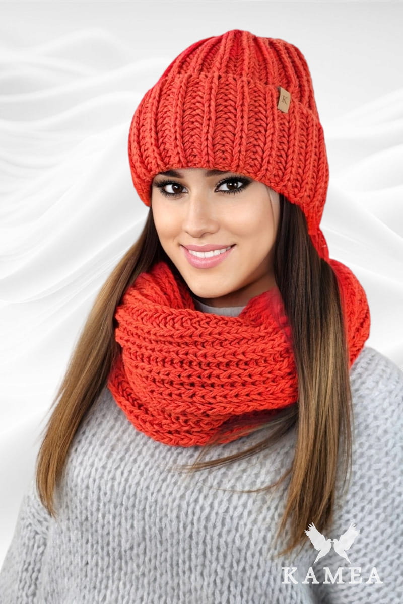 Komplet (Czapka+ Komin), Model: Landa Komplet, Kolor: pomarańczowy, Skład materiału: 50% Wełna; 50% Akryl, Rozmiar: Uniwersalny (54-60)