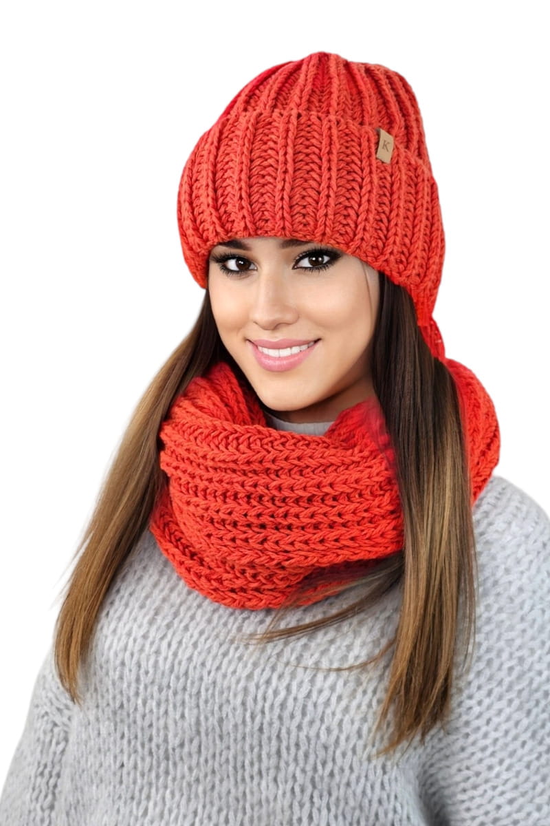 Komplet (Czapka+ Komin), Model: Landa Komplet, Kolor: pomarańczowy, Skład materiału: 50% Wełna; 50% Akryl, Rozmiar: Uniwersalny (54-60) (Komplet (Czapka+ Komin), zdjęcie 2)