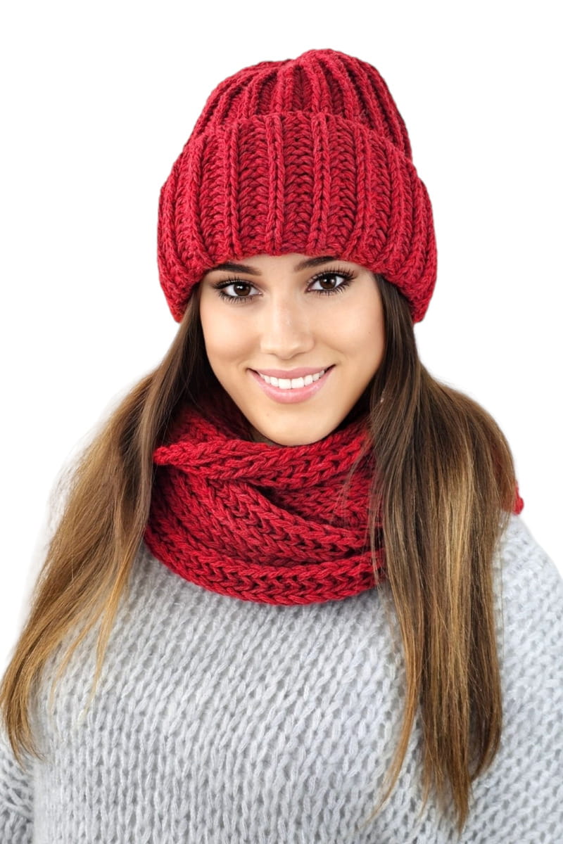 Komplet (Czapka+ Komin), Model: Landa Komplet, Kolor: czerwony, Skład materiału: 50% Wełna; 50% Akryl, Rozmiar: Uniwersalny (54-60) (Komplet (Czapka+ Komin), zdjęcie 2)