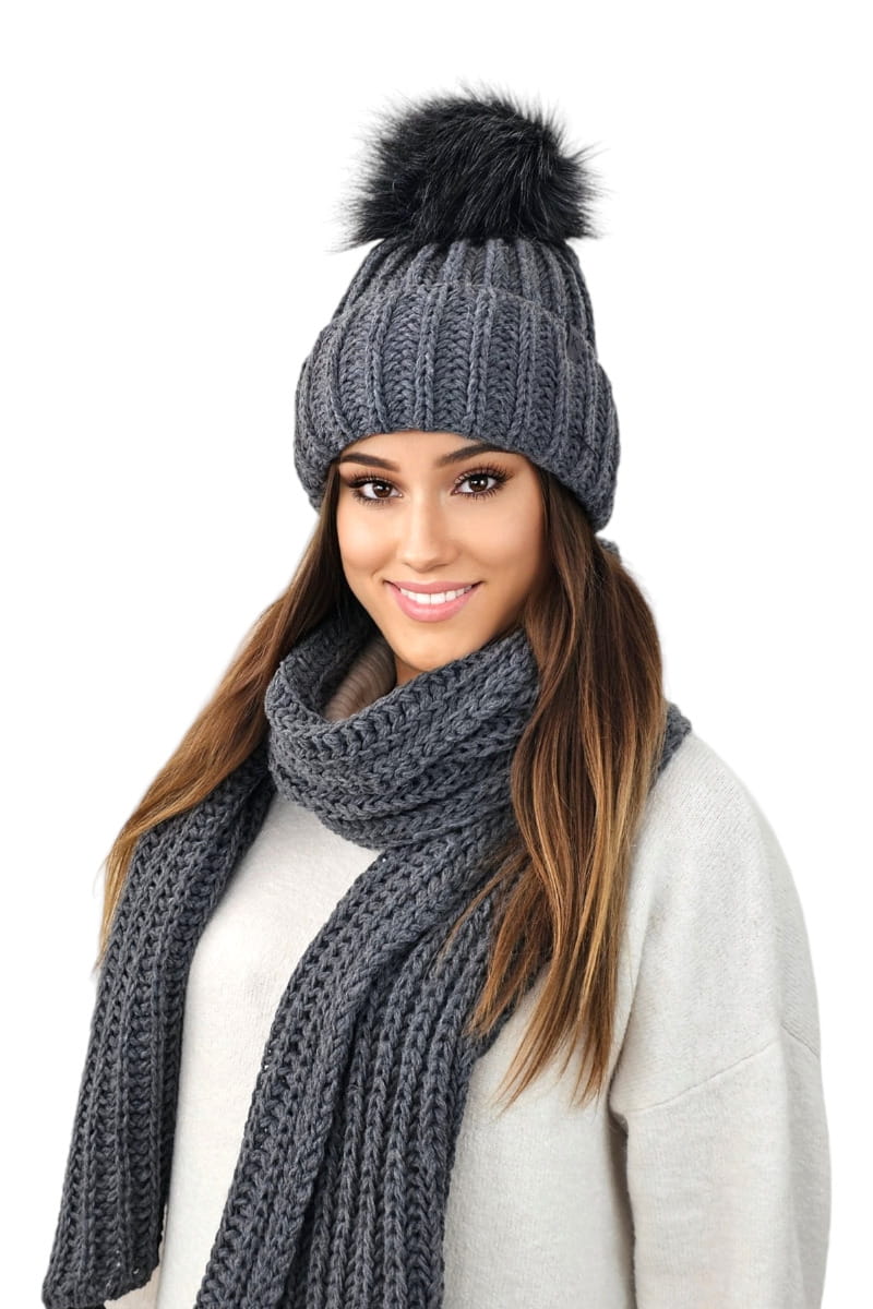 Czapki, Model: Nerea Komplet, Kolor: grafitowy, Skład materiału: 50% Wełna; 50% Akryl, Rozmiar: Uniwersalny (54-60) (Czapki, zdjęcie 2)