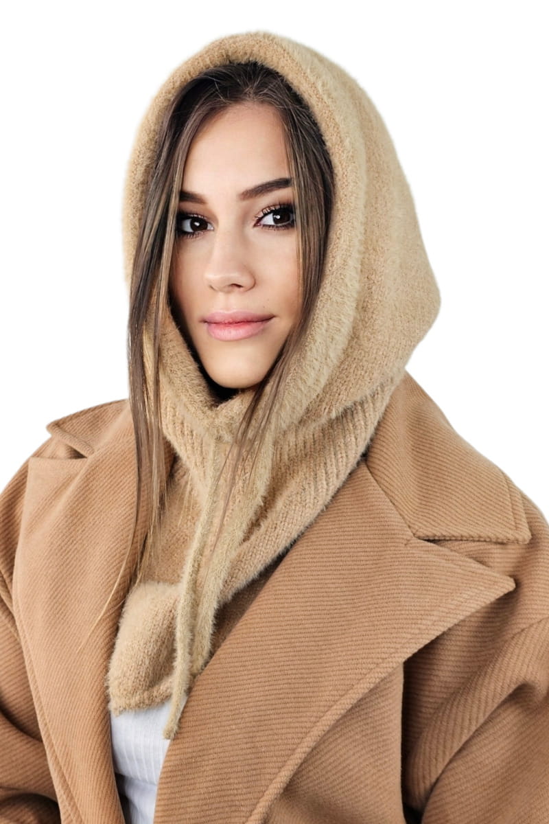 Kaptur Damski, Model: Kaptur-Blanka, Kolor: camelowy, Skład materiału: 55% Poliamid; 35% Wiskoza; 6% Poliester; 4% Modal, Przeznaczenie: Jesień/Zima, Rozmiar: Uniwersalny (Kaptur Damski, zdjęcie 2)