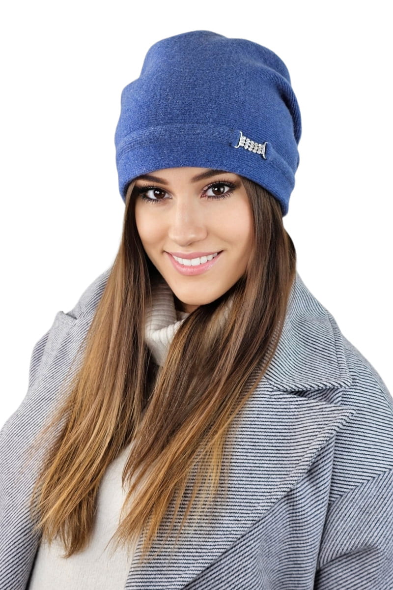 Czapka Damska, Model: Leonora, Kolor: jeansowy, Skład materiału: 80% Wełna; 20% Poliamid, Rozmiar: Uniwersalny (54-60) (Czapka Damska, zdjęcie 2)