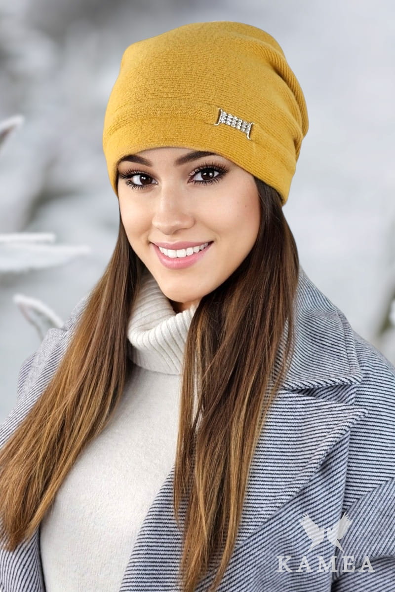 Czapka Damska, Model: Leonora, Kolor: musztardowy, Skład materiału: 80% Wełna; 20% Poliamid, Rozmiar: Uniwersalny (54-60)