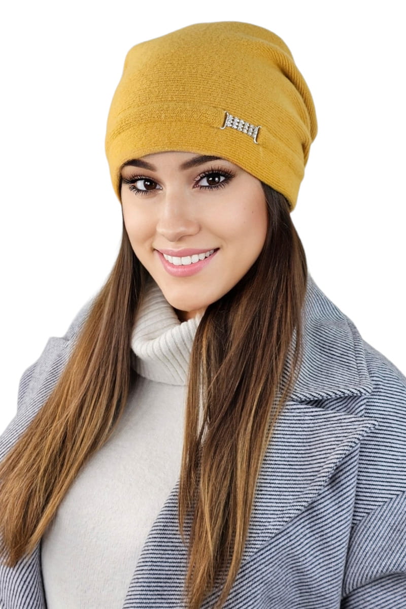 Czapka Damska, Model: Leonora, Kolor: musztardowy, Skład materiału: 80% Wełna; 20% Poliamid, Rozmiar: Uniwersalny (54-60) (Czapka Damska, zdjęcie 2)