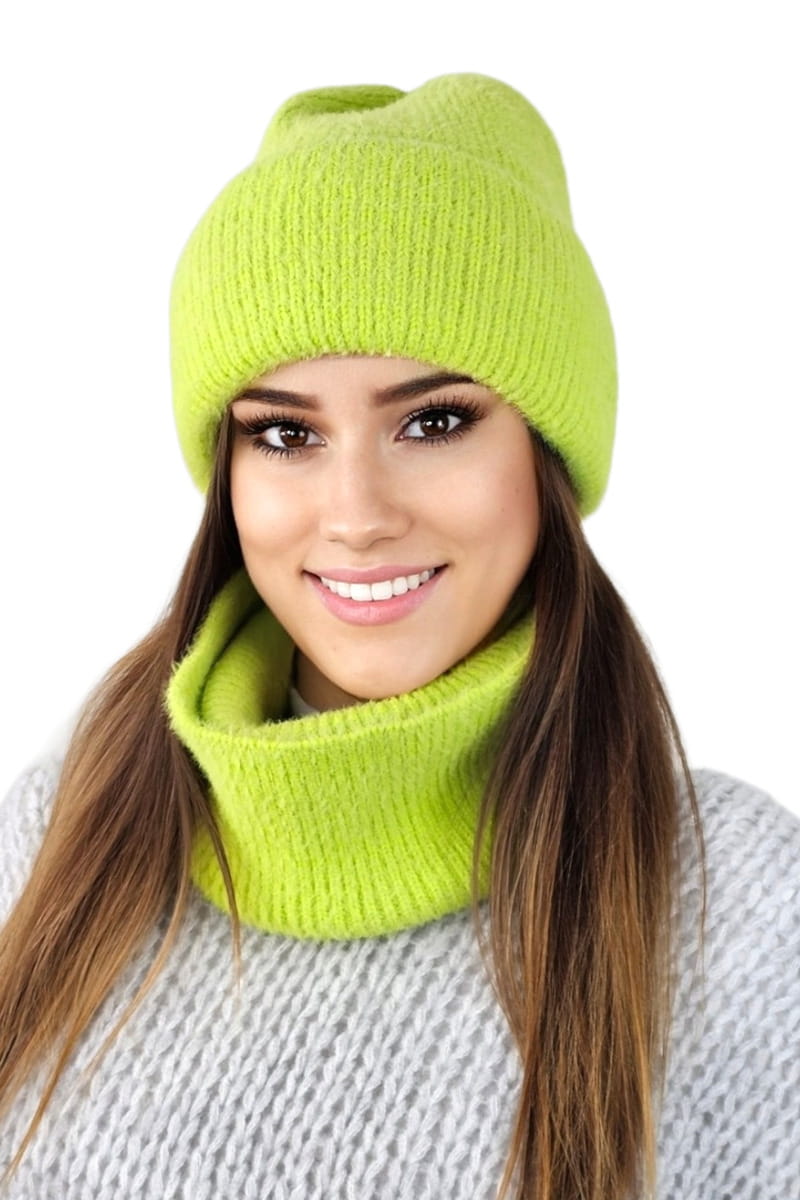Komplet (Czapka+ Komin), Model: Benita-Komplet, Kolor: limonka, Skład materiału: 55% Poliamid; 35% Wiskoza; 6% Poliester; 4% Modal, Rozmiar: Uniwersalny (54-60) (Komplet (Czapka+ Komin), zdjęcie 2)