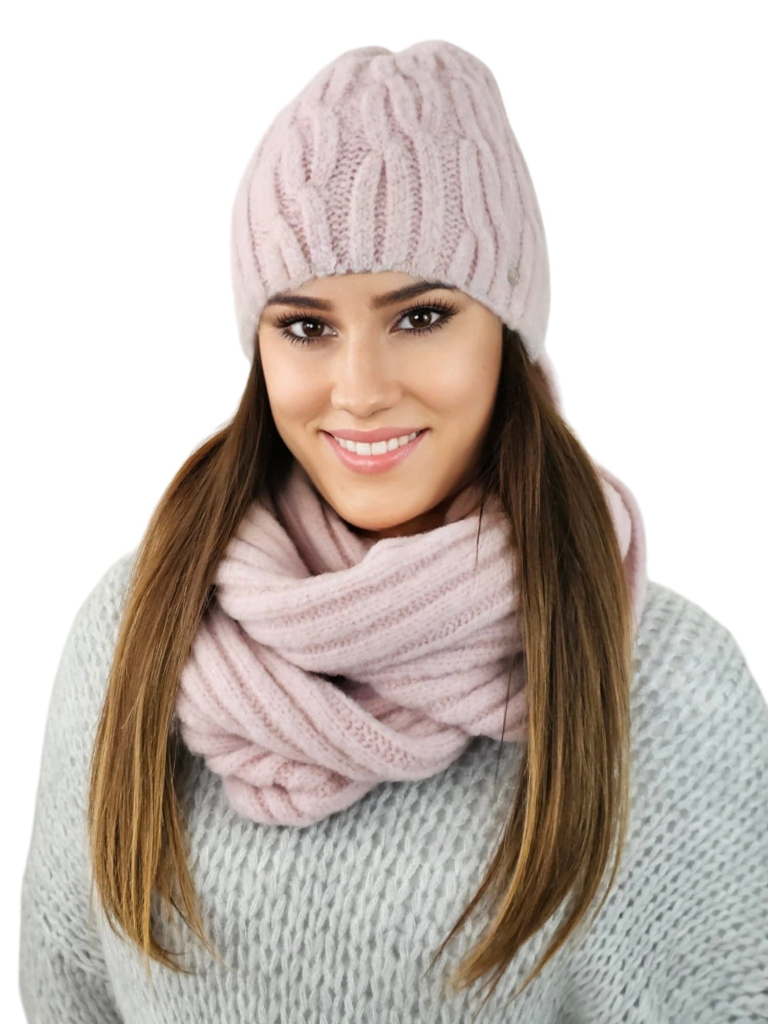 Komplet (Czapka+ Komin), Model: Gizma-Komplet, Kolor: różowy, Skład materiału: 70% Akryl; 20% Wełna; 10% Poliamid, Rozmiar: Uniwersalny (54-60) (Komplet (Czapka+ Komin), zdjęcie 2)