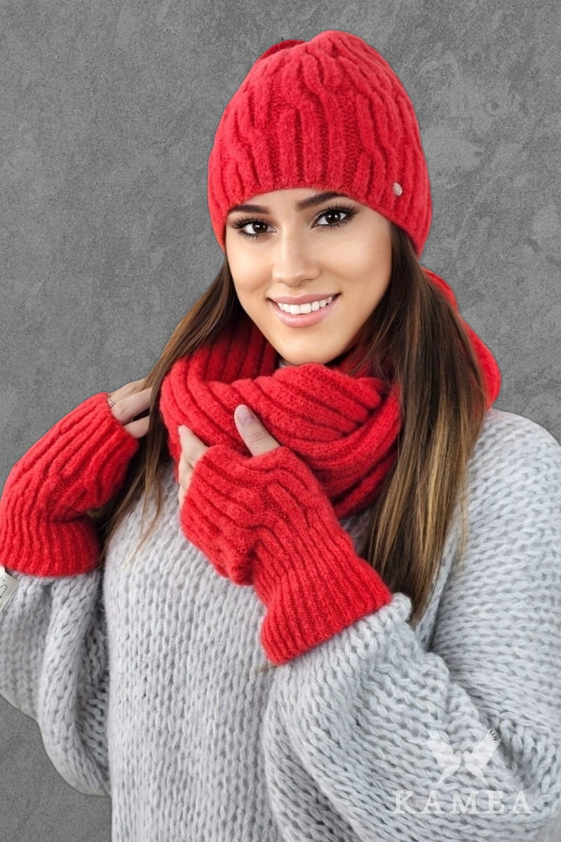 Komplet (Czapka+ Komin), Model: Gizma-Komplet, Kolor: koralowy, Skład materiału: 70% Akryl; 20% Wełna; 10% Poliamid, Rozmiar: Uniwersalny (54-60) (Komplet (Czapka+ Komin), zdjęcie 3)