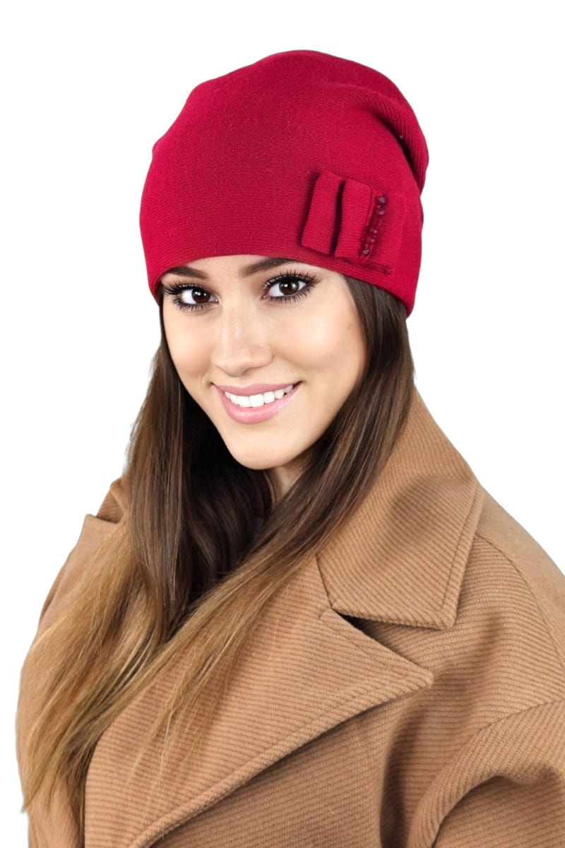 Czapka Damska, Model: Bazalt, Kolor: czerwony, Skład materiału: 50% Akryl; 30% Wełna; 20% Poliamid, Przeznaczenie: Jesień/Zima, Rozmiar: Uniwersalny (54-60) (Czapka Damska, zdjęcie 2)