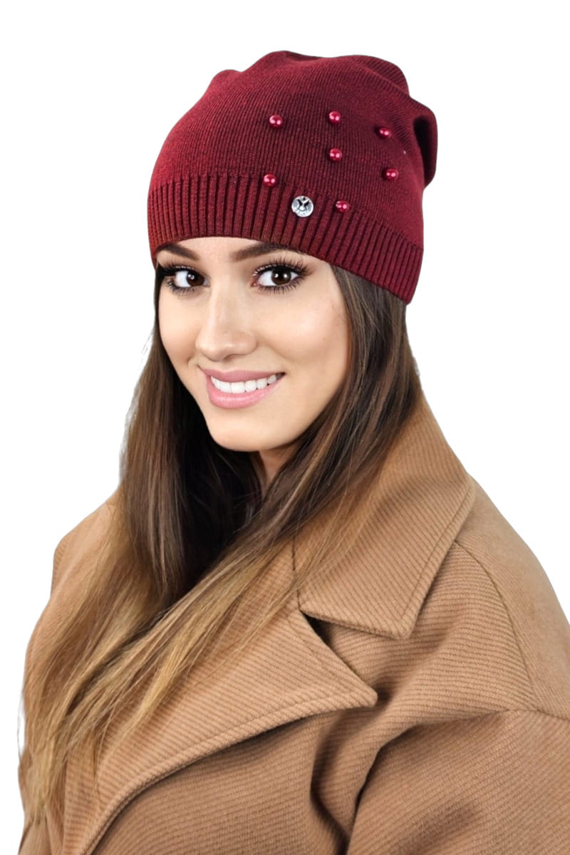 Czapka Damska, Model: Kalcyt, Kolor: bordowy, Skład materiału: 50% Akryl; 30% Wełna; 20% Poliamid, Przeznaczenie: Jesień/Zima, Rozmiar: Uniwersalny (54-60) (Czapka Damska, zdjęcie 2)