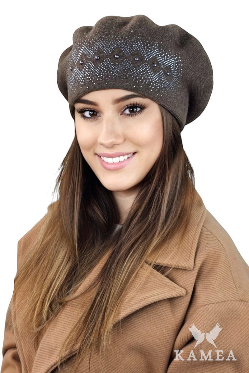 Beret Damski, Model: Ginger, Kolor: brązowy, Skład materiału: 80% Wełna; 20% Poliamid, Przeznaczenie: Jesień/Zima, Rozmiar: Uniwersalny (54-60)