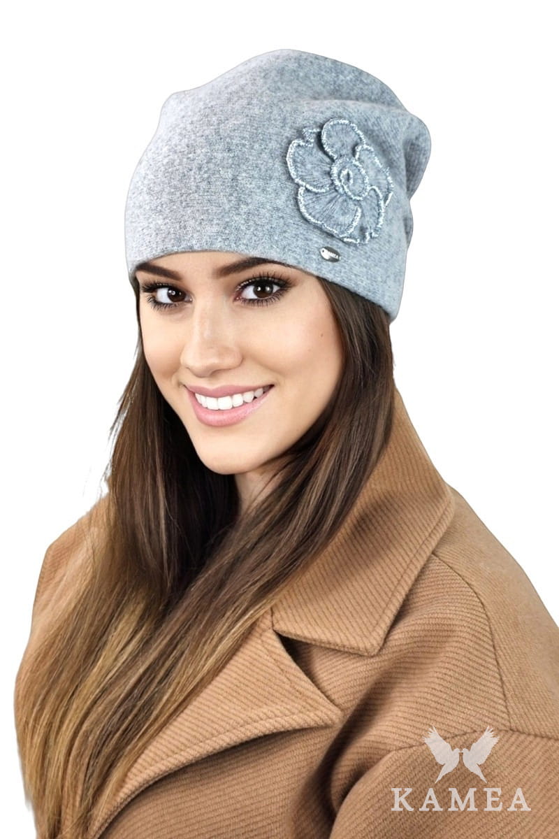 Czapka Damska, Model: Inka, Kolor: szary, Skład materiału: 80% Wełna; 20% Poliamid, Rozmiar: Uniwersalny (54-60)