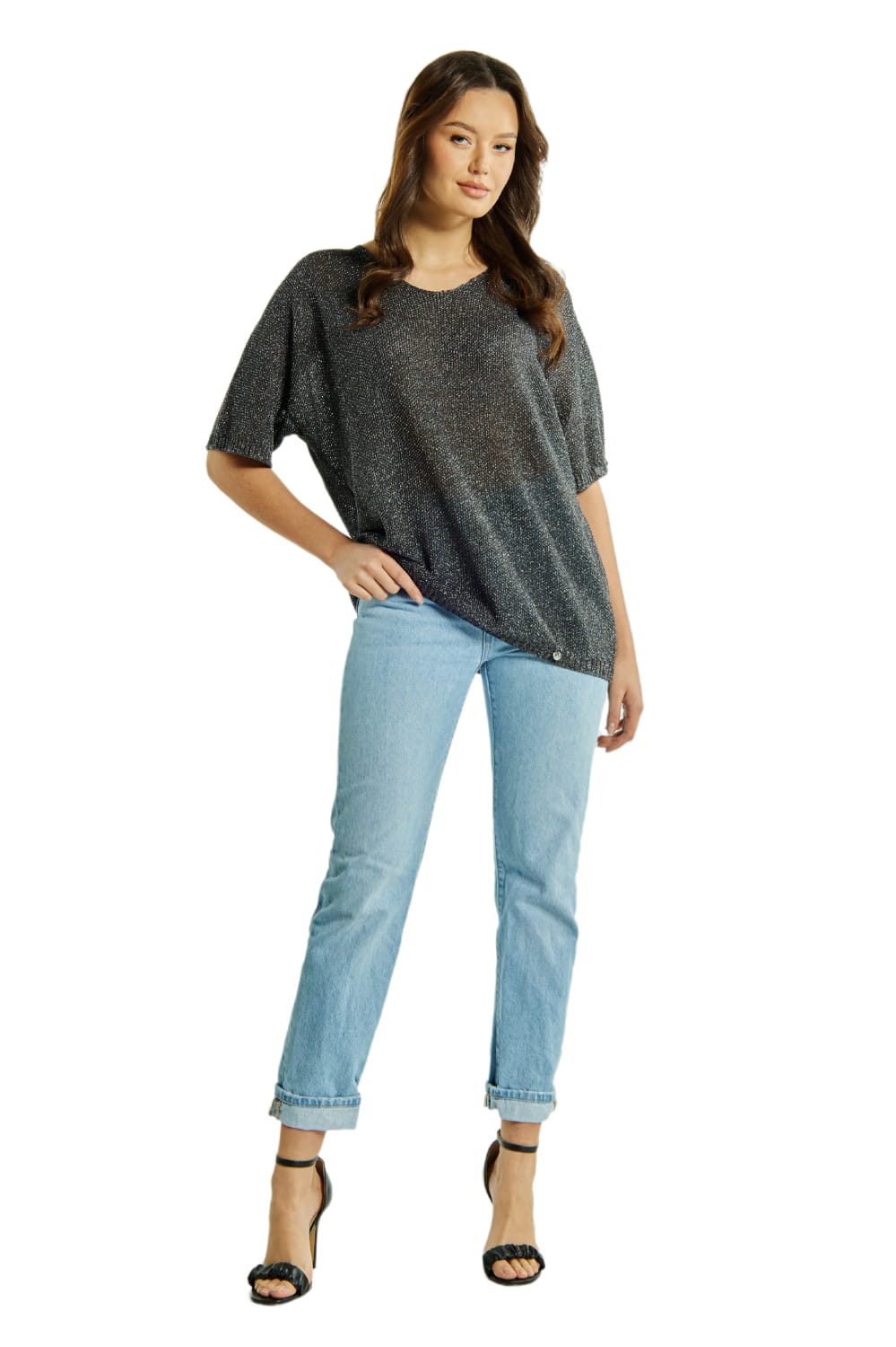 Sweter Damski, Model: Sw-Estera-Uni, Kolor: grafitowy, Skład materiału: 80% Wiskoza; 11% Poliamid; 9% Metaliczna Nić (Sweter Damski, zdjęcie 2)