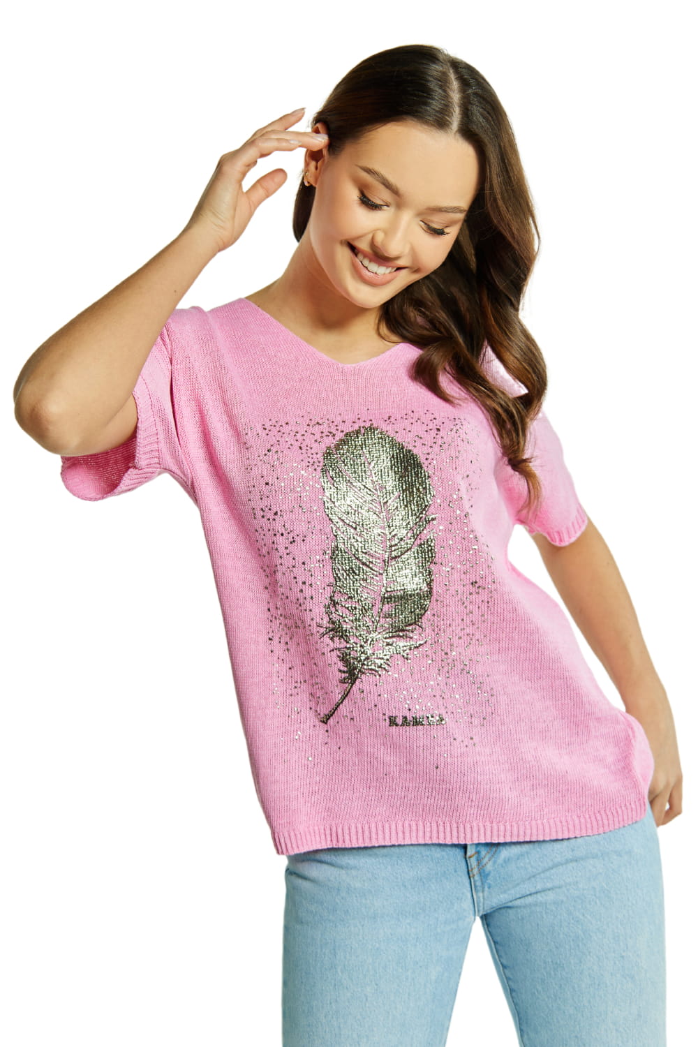 Sweter Damski, Model: Sw-Paloma-Uni, Kolor: różowy, Skład materiału: 50% Bawełna ; 50% Akryl, Przeznaczenie: Wielosezonowe (Sweter Damski, zdjęcie 2)