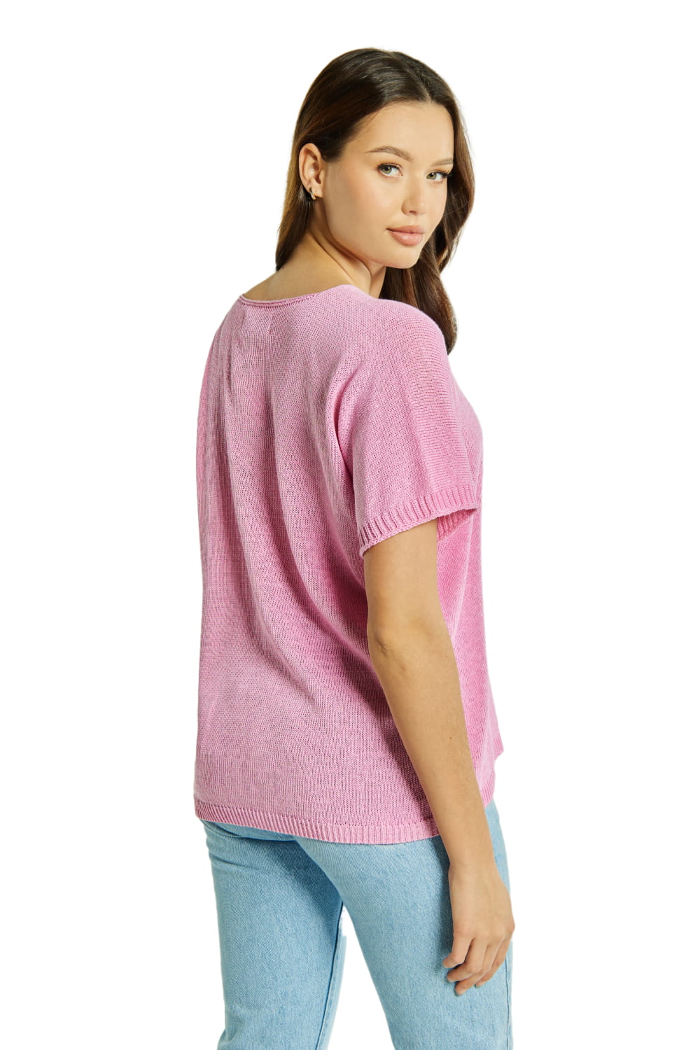 Sweter Damski, Model: Sw-Paloma-Uni, Kolor: różowy, Skład materiału: 50% Bawełna ; 50% Akryl, Przeznaczenie: Wielosezonowe (Sweter Damski, zdjęcie 3)