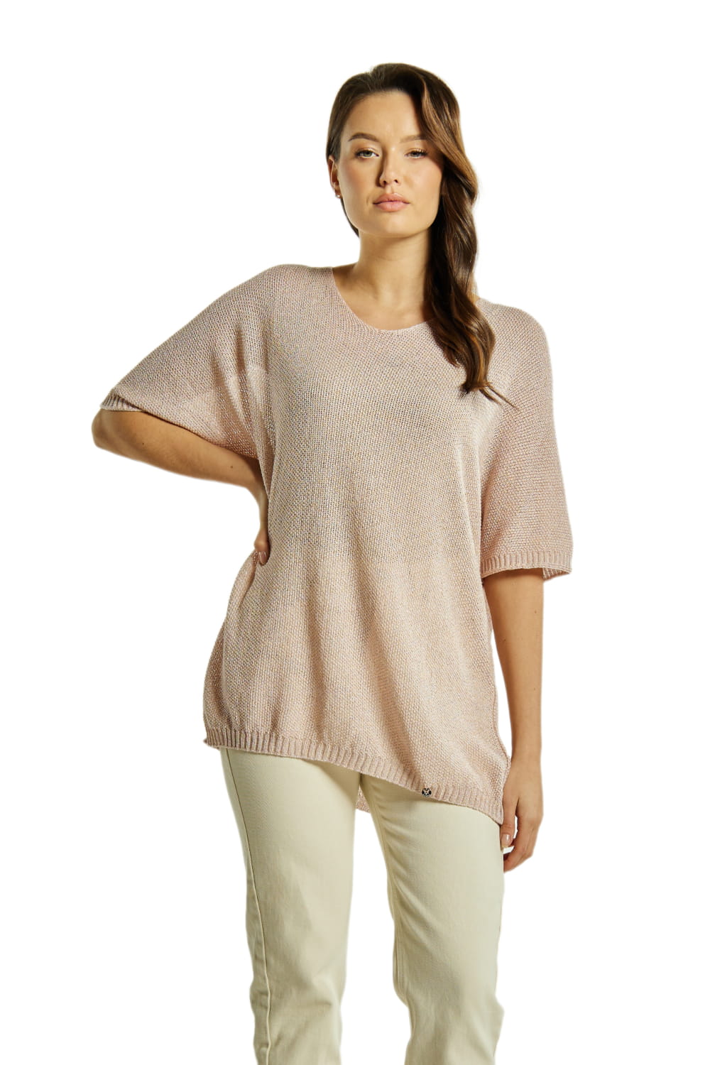 Sweter Damski, Model: Sw-Estera-Uni, Kolor: różowy, Skład materiału: 80% Wiskoza; 11% Poliamid; 9% Metaliczna Nić (Sweter Damski, zdjęcie 3)