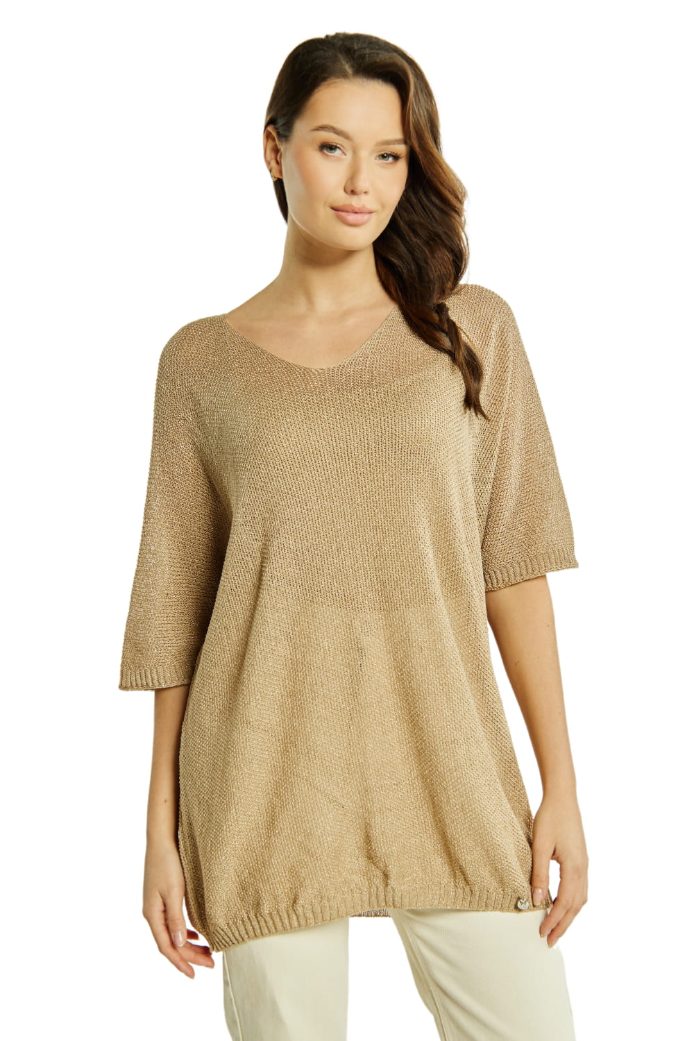 Sweter Damski, Model: Sw-Estera-Uni, Kolor: ciemny beżowy, Skład materiału: 80% Wiskoza; 11% Poliamid; 9% Metaliczna Nić (Sweter Damski, zdjęcie 2)