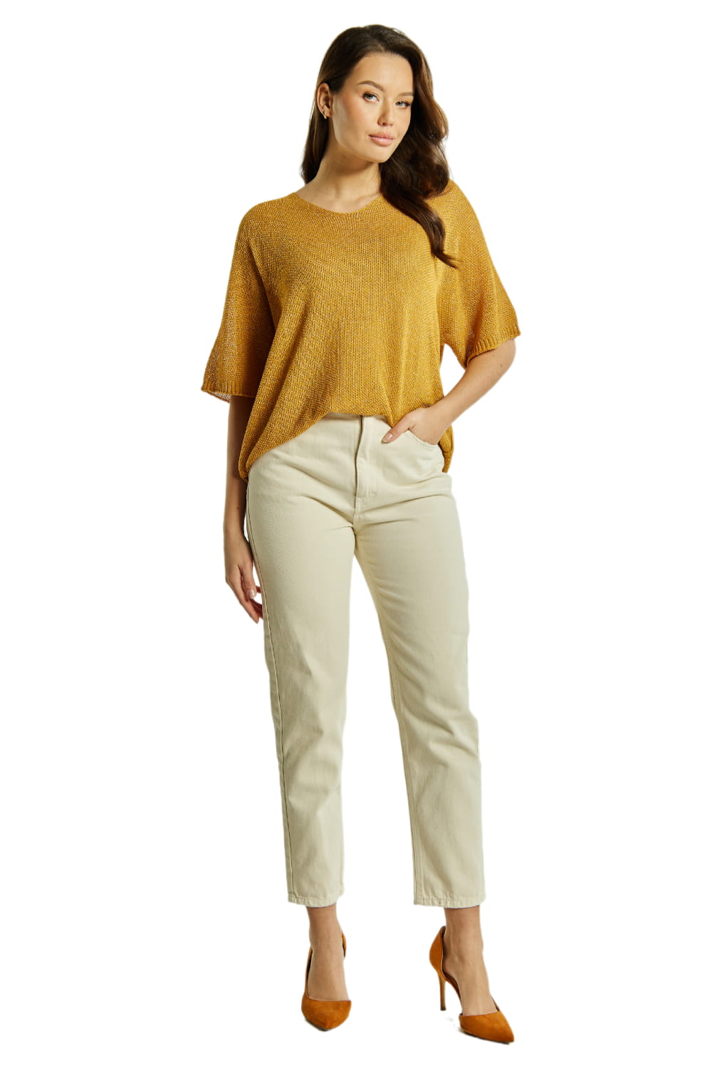 Sweter Damski, Model: Sw-Estera-Uni, Kolor: miodowy, Skład materiału: 80% Wiskoza; 11% Poliamid; 9% Metaliczna Nić (Sweter Damski, zdjęcie 2)