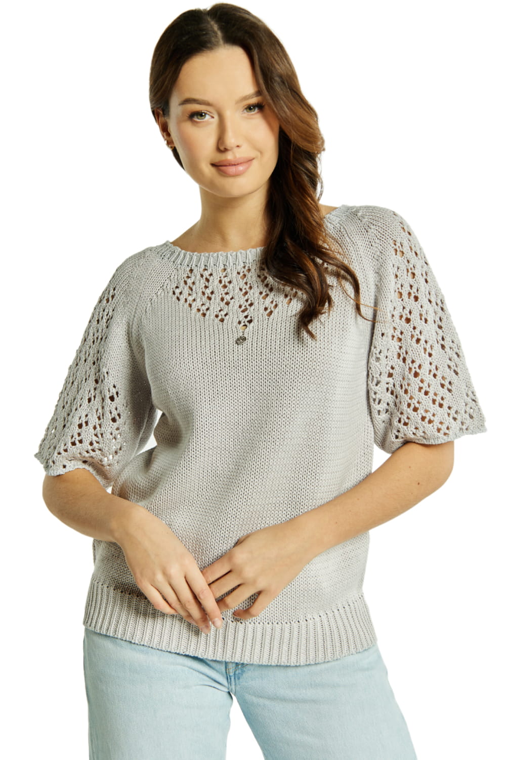 Sweter Damski, Model: Sw-Neli-M, Kolor: jasny szary, Skład materiału: 50% Bawełna ; 50% Akryl