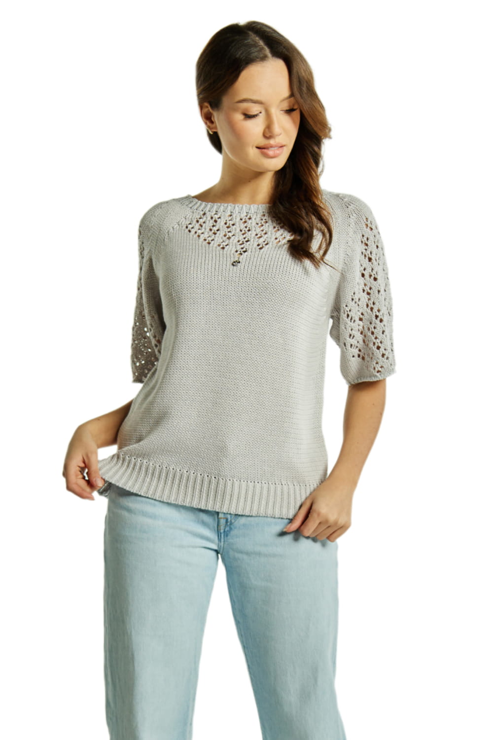 Sweter Damski, Model: Sw-Neli-M, Kolor: jasny szary, Skład materiału: 50% Bawełna ; 50% Akryl (Sweter Damski, zdjęcie 2)