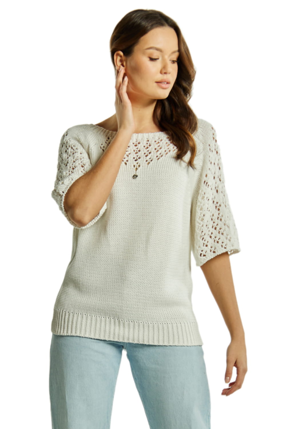 Sweter Damski, Model: Sw-Neli-M, Kolor: biały, Skład materiału: 50% Bawełna ; 50% Akryl (Sweter Damski, zdjęcie 2)