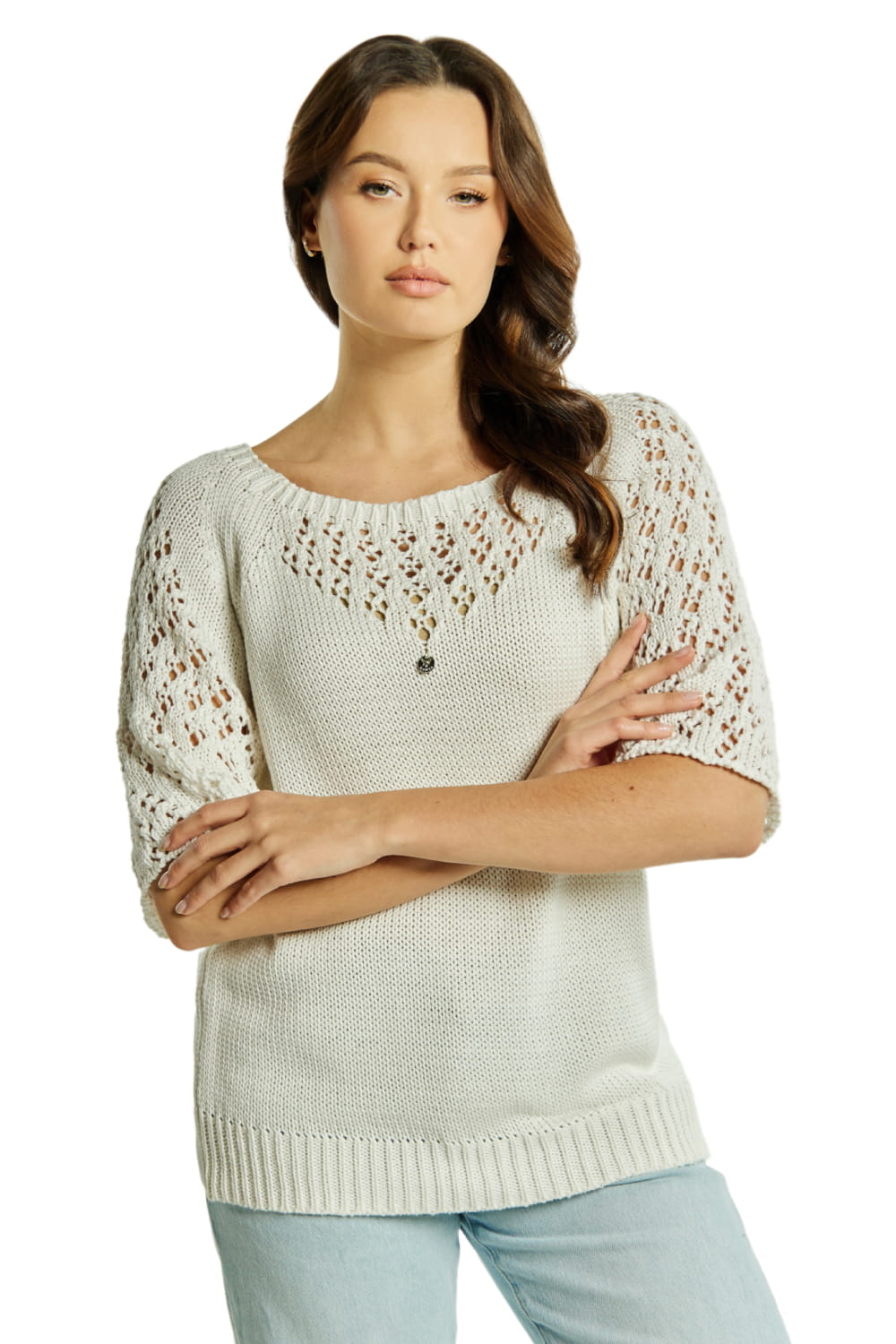Sweter Damski, Model: Sw-Neli-S, Kolor: biały, Skład materiału: 50% Bawełna ; 50% Akryl