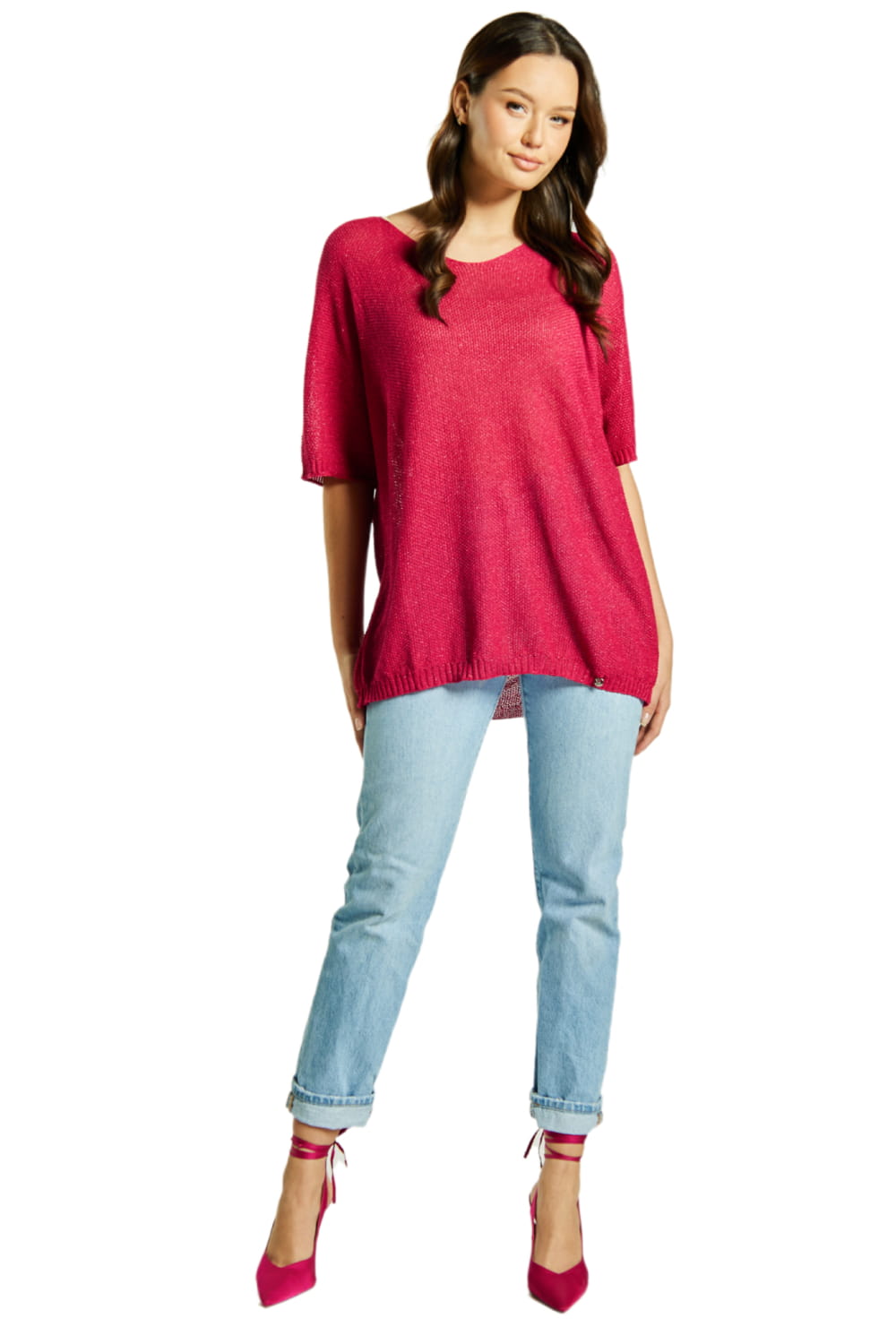 Sweter Damski, Model: Sw-Estera-Uni, Kolor: malinowy, Skład materiału: 80% Wiskoza; 11% Poliamid; 9% Metaliczna Nić (Sweter Damski, zdjęcie 2)