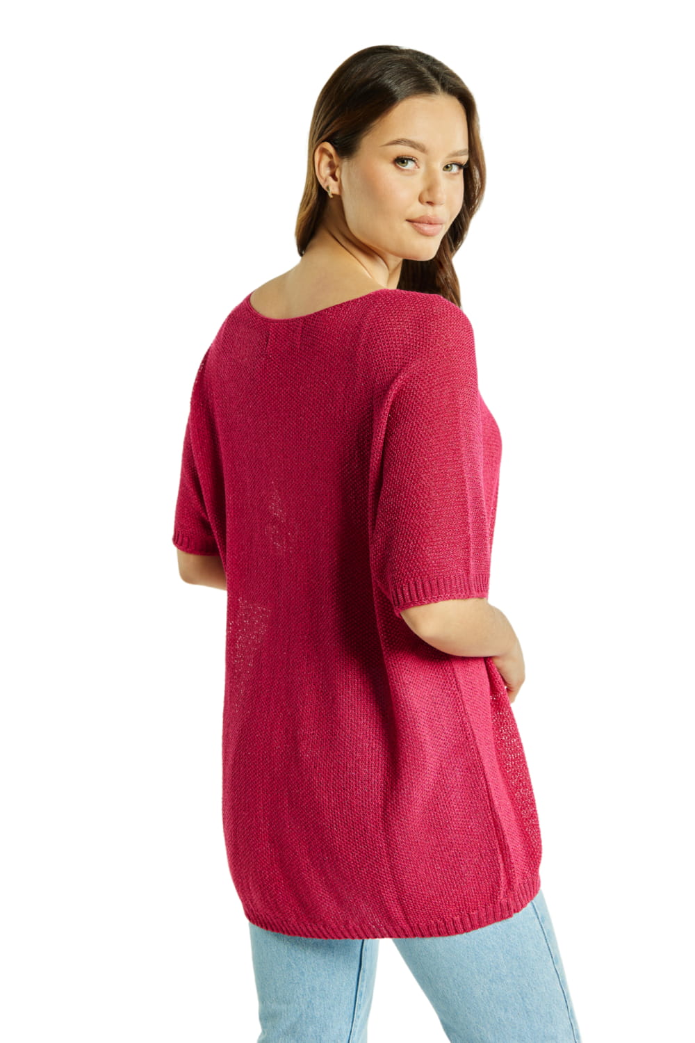 Sweter Damski, Model: Sw-Estera-Uni, Kolor: malinowy, Skład materiału: 80% Wiskoza; 11% Poliamid; 9% Metaliczna Nić (Sweter Damski, zdjęcie 3)