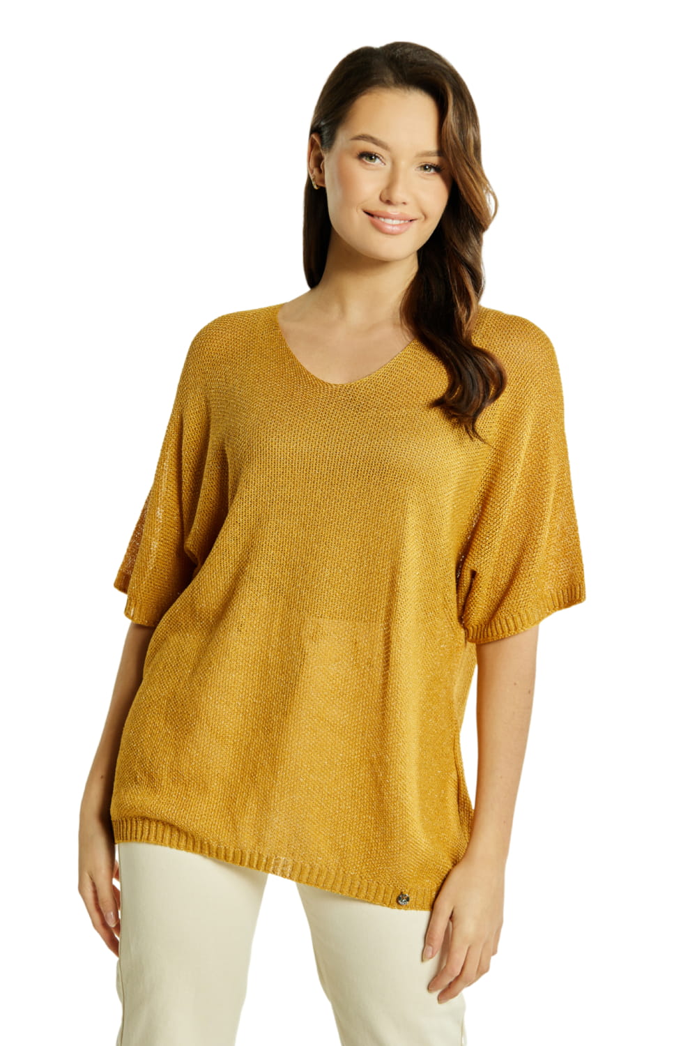 Sweter Damski, Model: Sw-Estera-Uni, Kolor: miodowy, Skład materiału: 80% Wiskoza; 11% Poliamid; 9% Metaliczna Nić