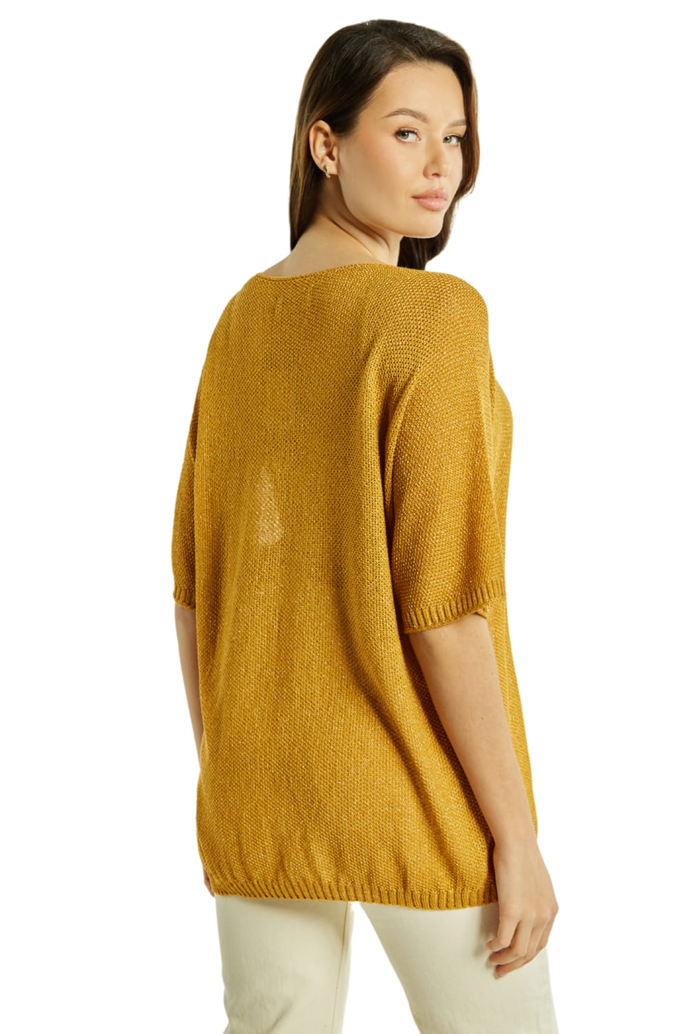 Sweter Damski, Model: Sw-Estera-Uni, Kolor: miodowy, Skład materiału: 80% Wiskoza; 11% Poliamid; 9% Metaliczna Nić (Sweter Damski, zdjęcie 3)