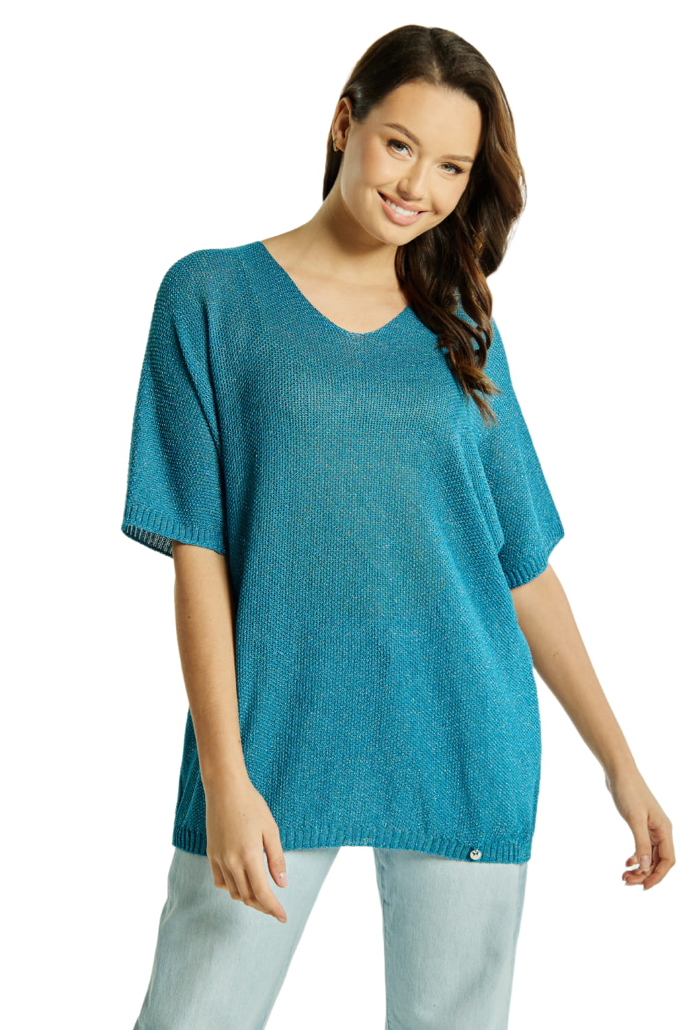 Sweter Damski, Model: Sw-Estera-Uni, Kolor: multi turkus, Skład materiału: 80% Wiskoza; 11% Poliamid; 9% Metaliczna Nić