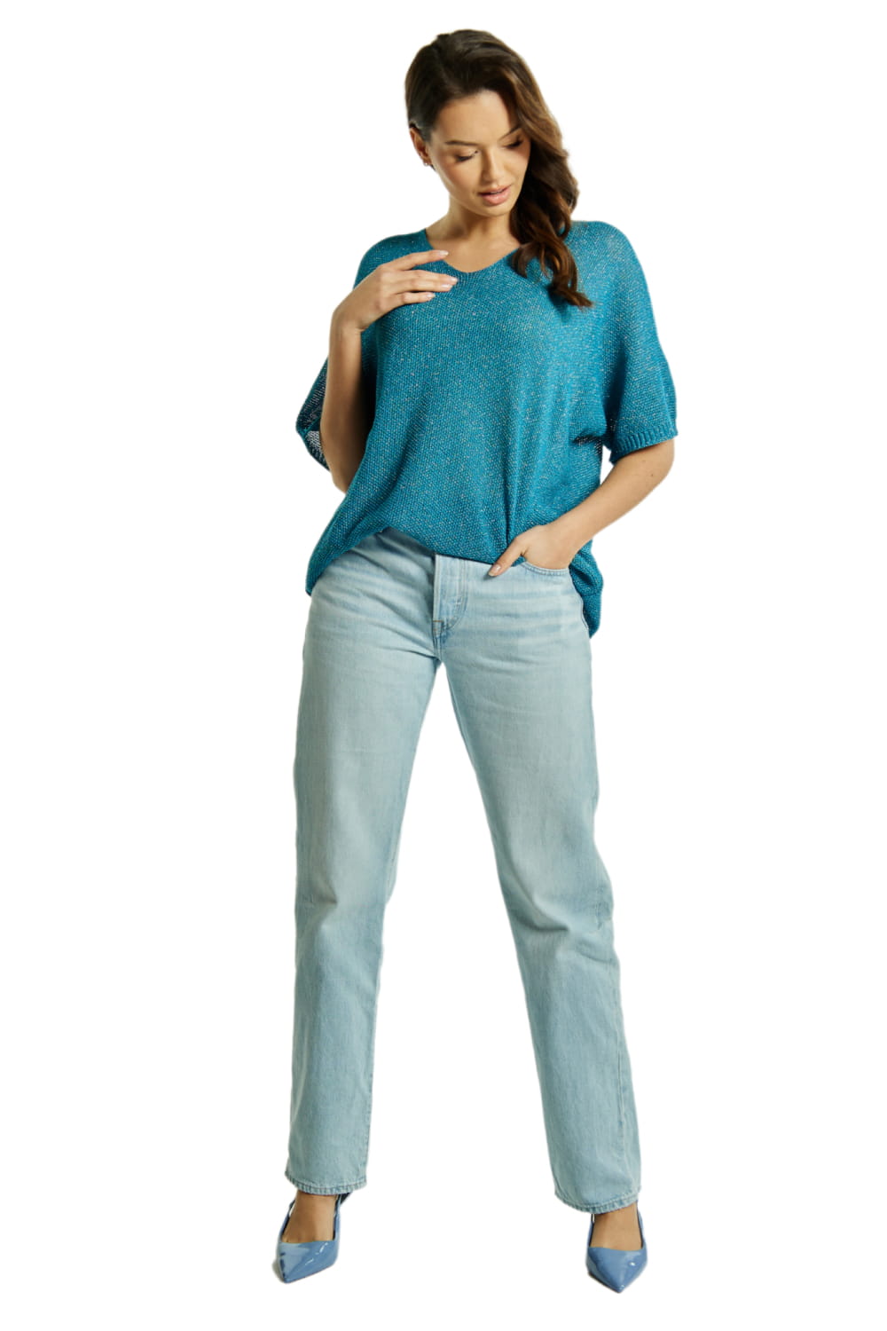 Sweter Damski, Model: Sw-Estera-Uni, Kolor: multi turkus, Skład materiału: 80% Wiskoza; 11% Poliamid; 9% Metaliczna Nić (Sweter Damski, zdjęcie 2)