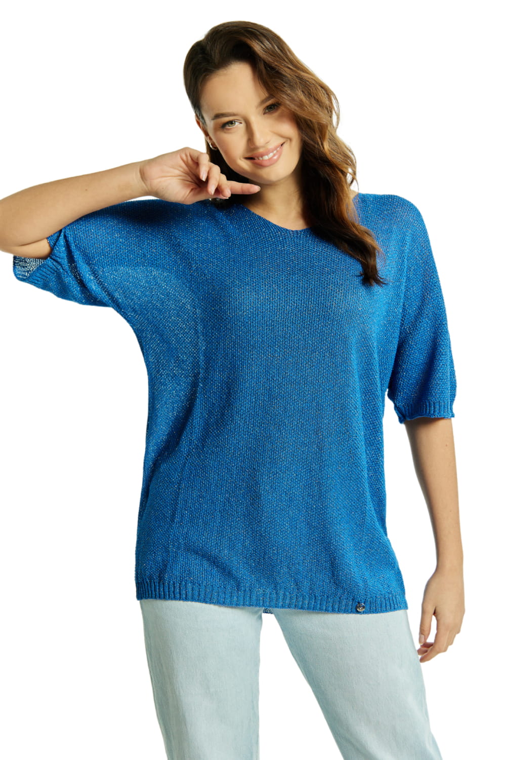 Sweter Damski, Model: Sw-Estera-Uni, Kolor: niebieski multi, Skład materiału: 80% Wiskoza; 11% Poliamid; 9% Metaliczna Nić