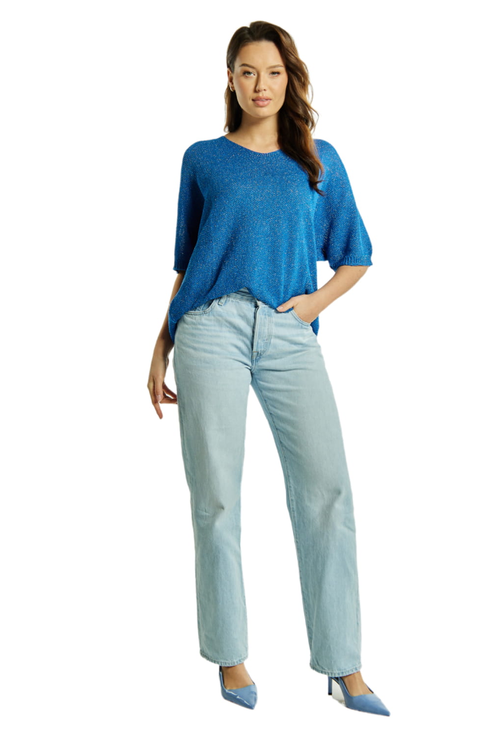 Sweter Damski, Model: Sw-Estera-Uni, Kolor: niebieski multi, Skład materiału: 80% Wiskoza; 11% Poliamid; 9% Metaliczna Nić (Sweter Damski, zdjęcie 3)