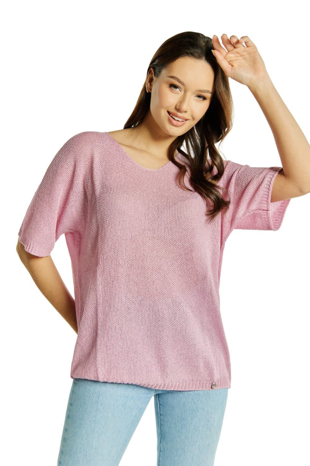 Sweter Damski, Model: Sw-Estera-Uni, Kolor: różowy, Skład materiału: 80% Wiskoza; 11% Poliamid; 9% Metaliczna Nić