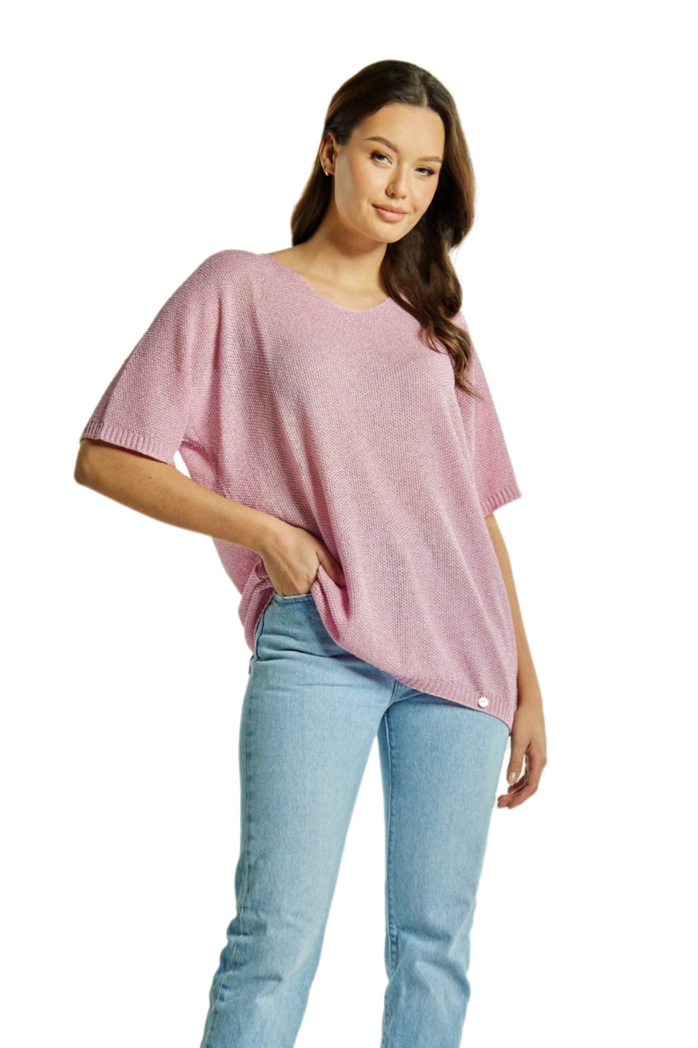 Sweter Damski, Model: Sw-Estera-Uni, Kolor: różowy, Skład materiału: 80% Wiskoza; 11% Poliamid; 9% Metaliczna Nić (Sweter Damski, zdjęcie 2)